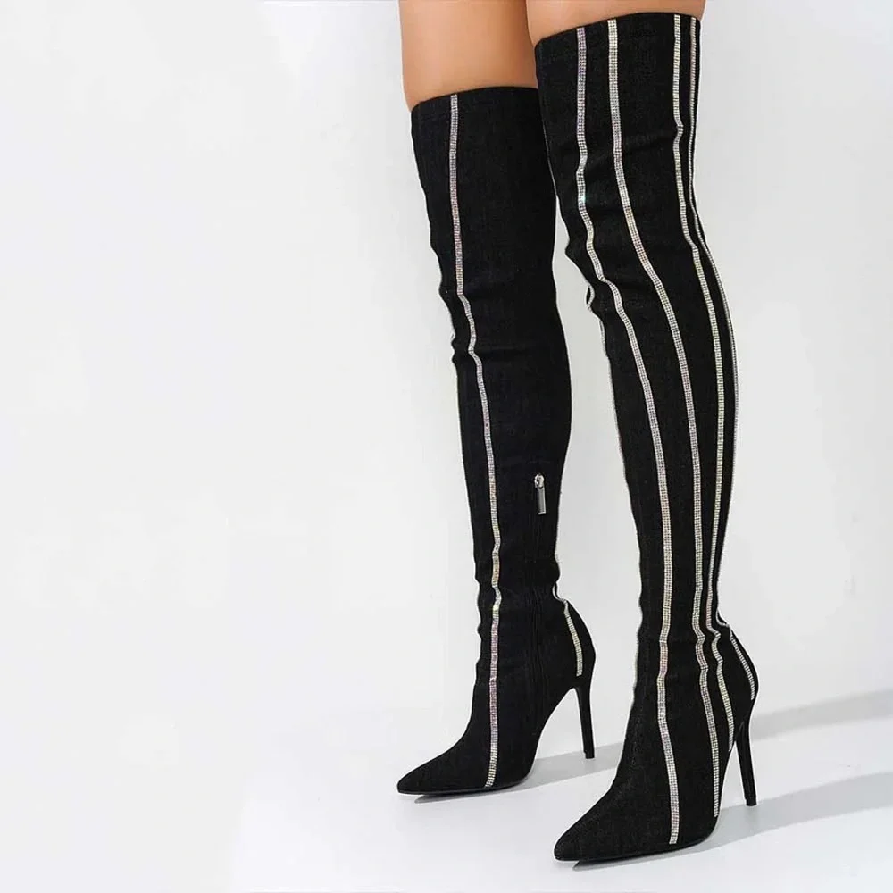 Cape Robbin🔥Black Stiletto Heel Rhinestone Striped Thigh Denim Boots for Women